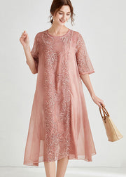 Schönes rosa besticktes Patchwork-Chiffon-Kleid mit halben Ärmeln