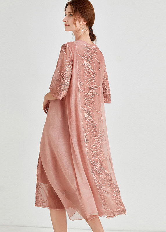 Schönes rosa besticktes Patchwork-Chiffon-Kleid mit halben Ärmeln