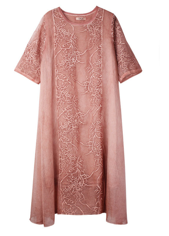 Beautiful Pink Embroidered Patchwork Chiffon Dress Half Sleeve