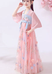 Beautiful Pink Embroidered Patchwork Cotton Kids Girls Long Dresses Summer