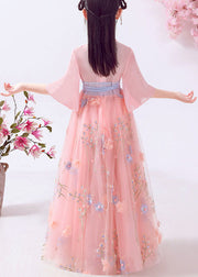 Beautiful Pink Embroidered Patchwork Cotton Kids Girls Long Dresses Summer