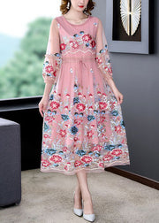 Beautiful Pink Embroidered Tie Waist Hollow Out Tulle Party Dress Summer