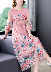 Beautiful Pink Embroidered Tie Waist Hollow Out Tulle Party Dress Summer