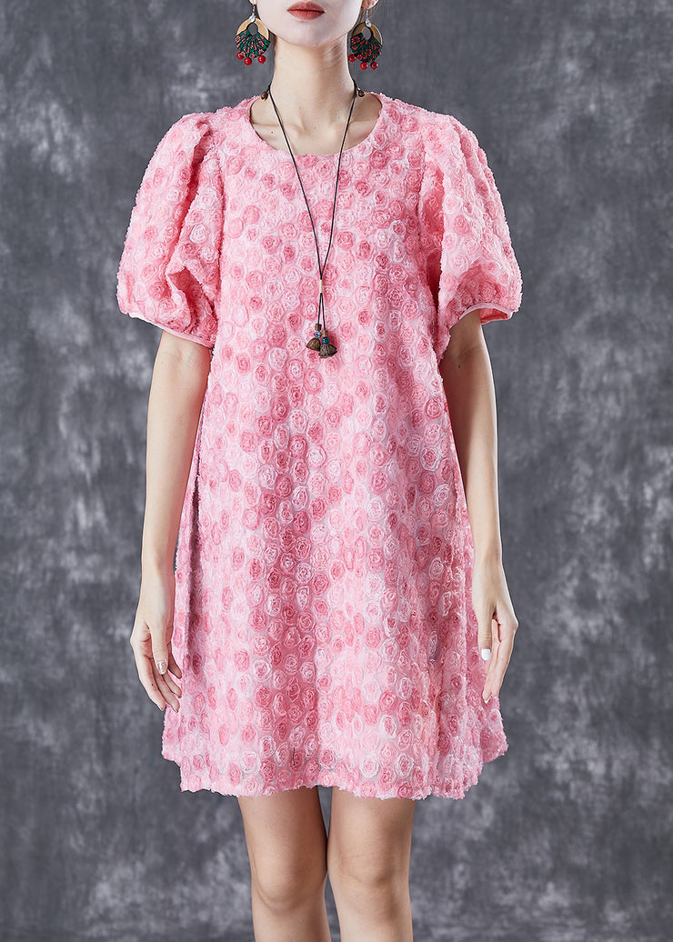 Beautiful Pink Floral Silk Mid Dresses Puff Sleeve