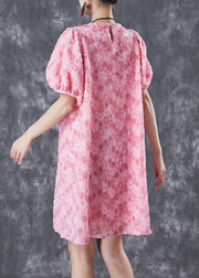 Beautiful Pink Floral Silk Mid Dresses Puff Sleeve