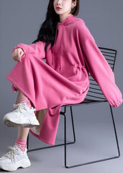 Beautiful Pink Hooded Cinched Side Open Warm Fleece Sweatshirts Dress Spring