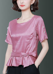 Beautiful Pink O-Neck Cinched Silk Shirt Summer