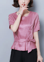 Beautiful Pink O-Neck Cinched Silk Shirt Summer