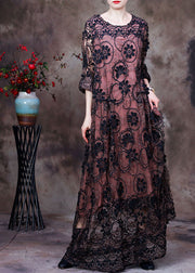 Beautiful Pink O-Neck Embroidered Lace Holiday Long Dress Long Sleeve