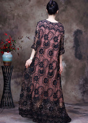 Beautiful Pink O-Neck Embroidered Lace Holiday Long Dress Long Sleeve