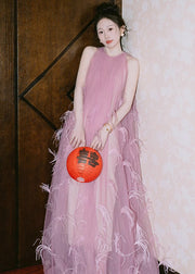 Beautiful Pink O Neck Feather Patchwork Tulle Maxi Dress Sleeveless
