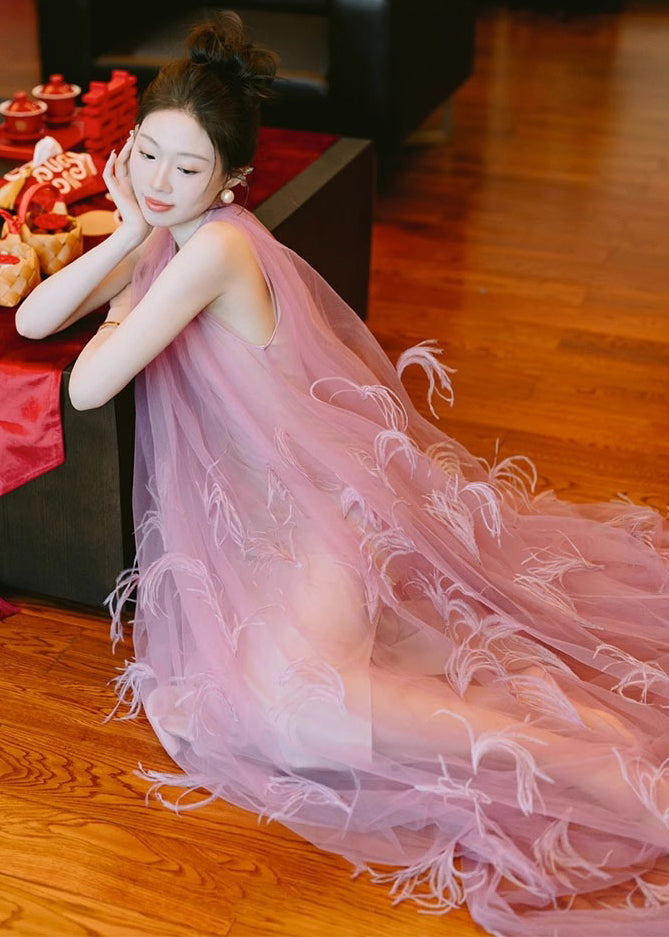 Beautiful Pink O Neck Feather Patchwork Tulle Maxi Dress Sleeveless
