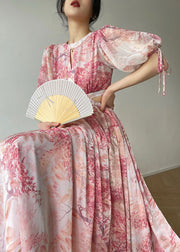 Beautiful Pink O Neck Print Side Open Silk Long Dresses Summer