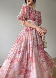 Beautiful Pink O Neck Print Side Open Silk Long Dresses Summer