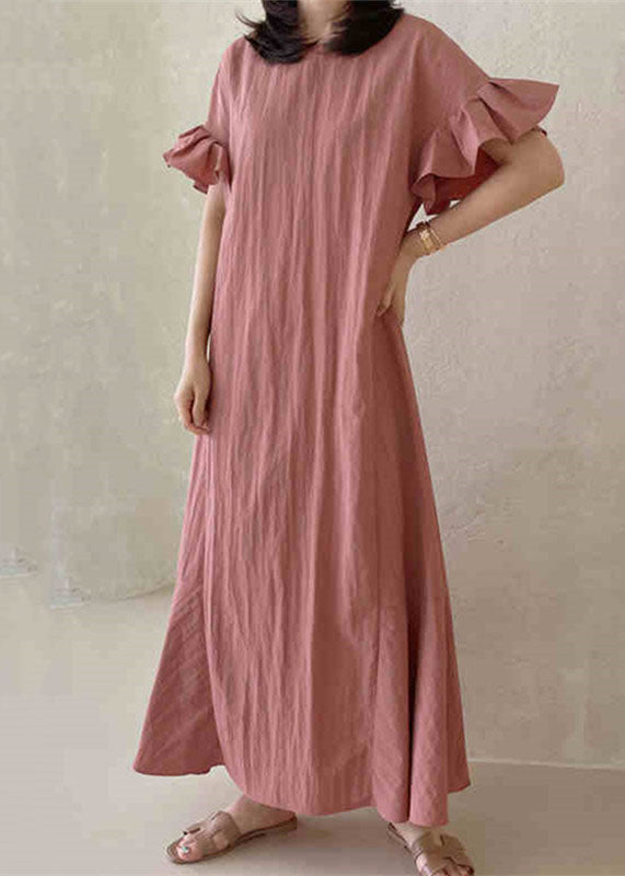 Beautiful Pink O-Neck Ruffled Patchwork Cotton Dresses Summer