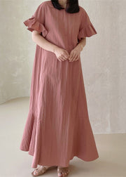 Beautiful Pink O-Neck Ruffled Patchwork Cotton Dresses Summer