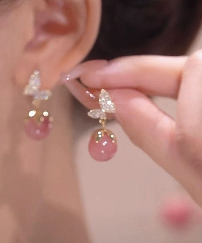 Beautiful Pink Overgild Zircon Opal Butterfly Drop Earrings