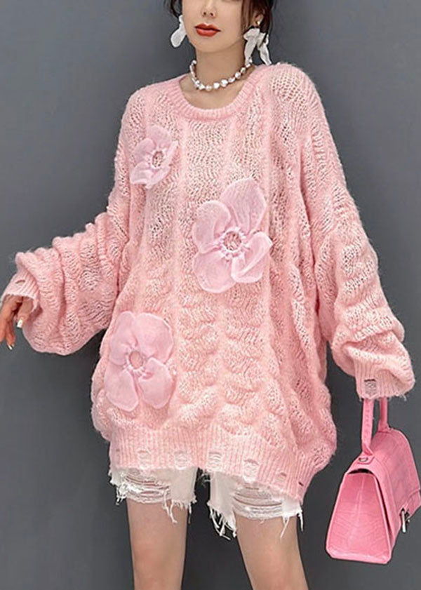 Beautiful Pink Oversized Hollow Out Applique Knit Sweater Tops Winter