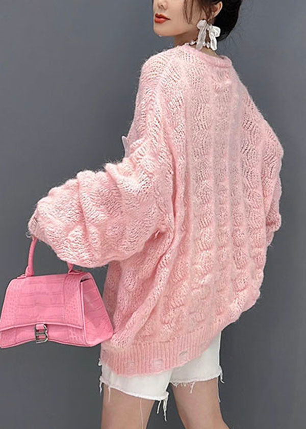 Beautiful Pink Oversized Hollow Out Applique Knit Sweater Tops Winter