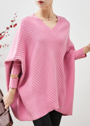 Beautiful Pink Oversized Patchwork Knit Top Batwing Sleeve