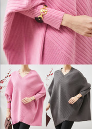 Beautiful Pink Oversized Patchwork Knit Top Batwing Sleeve