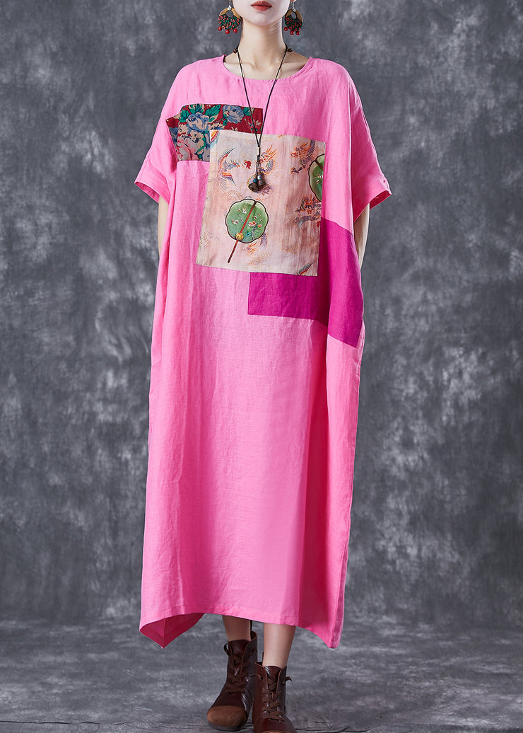 Beautiful Pink Oversized Patchwork Linen Ankle Dress Batwing Sleeve