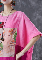 Beautiful Pink Oversized Patchwork Linen Ankle Dress Batwing Sleeve