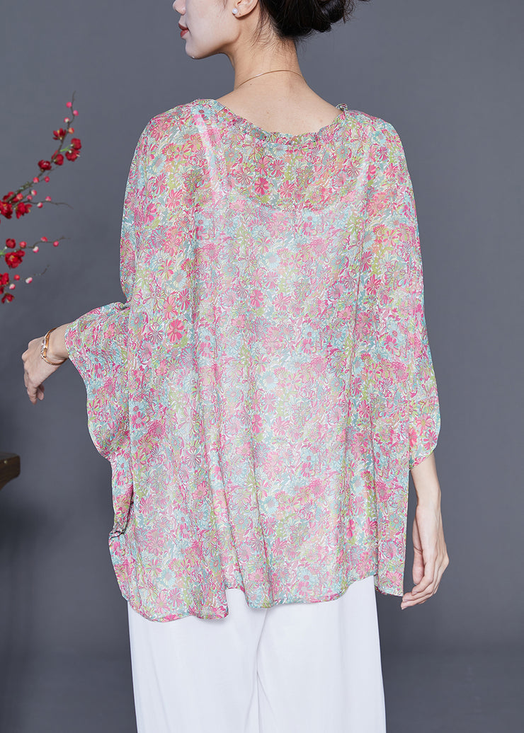 Beautiful Pink Oversized Print Wrinkled Shirt Top Summer