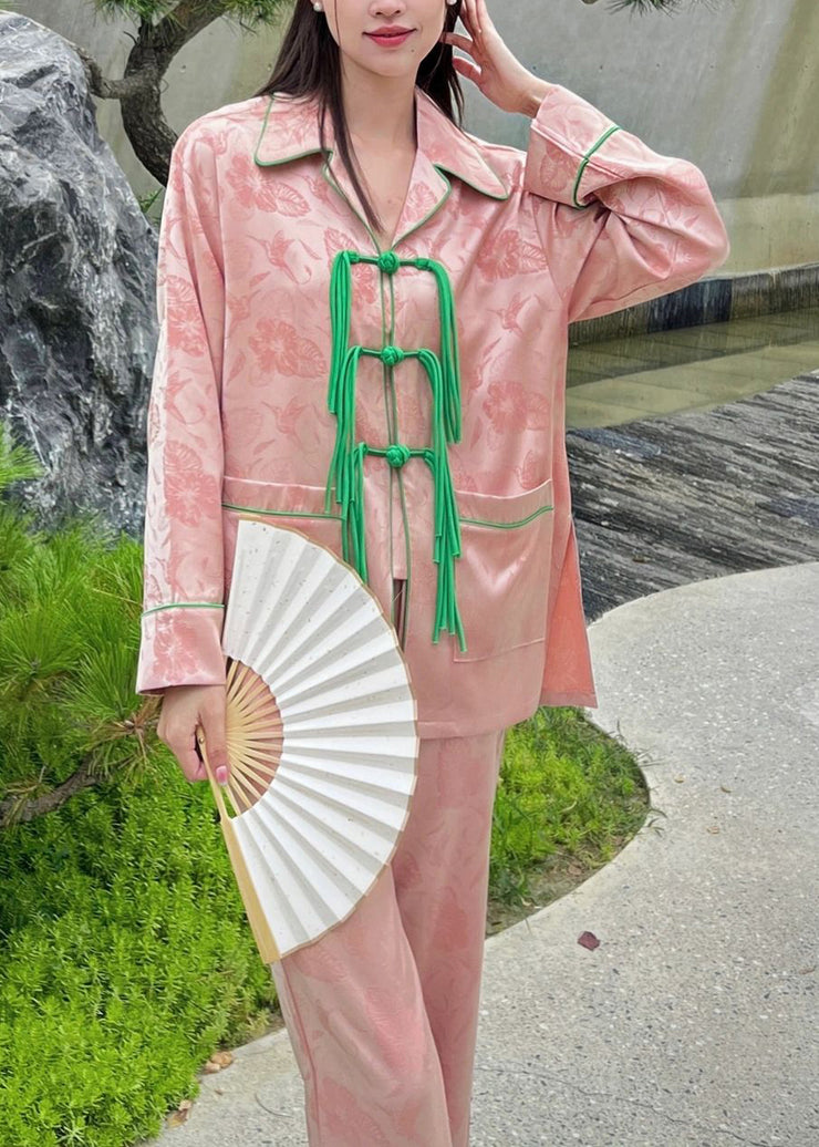 Beautiful Pink Peter Pan Collar Print Button Ice Silk Pajamas Two Pieces Set Spring