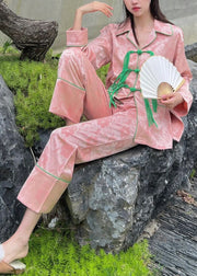 Beautiful Pink Peter Pan Collar Print Button Ice Silk Pajamas Two Pieces Set Spring