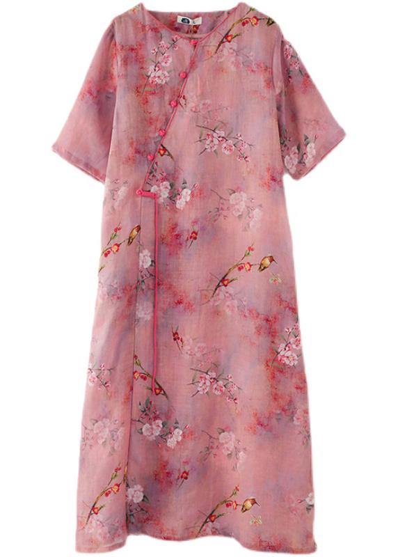 Beautiful Pink Print Oriental asymmetrical Design Summer Ramie Long Dresses - SooLinen