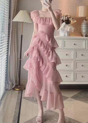 Beautiful Pink Ruffled Asymmetrical Design Patchwork Chiffon Dresses Summer