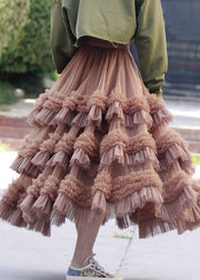 Beautiful Pink Ruffled High Waist Tulle Skirt Spring