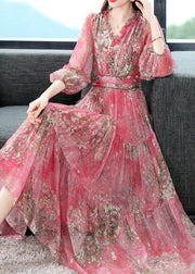 Beautiful Pink Ruffled Wrinkled Print Patchwork Silk Dress Summer