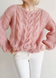 Beautiful Pink Slash Neck Hollow Out Knit Sweaters Winter