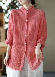 Beautiful Pink Stand Collar Wrinkled Button Linen Shirt Long Sleeve