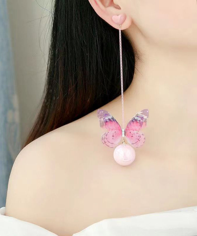 Beautiful Pink Sterling Silver Love Pearl Butterfly Drop Earrings