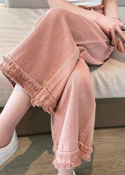 Beautiful Pink Tasseled High Waist Denim Wide Leg Pants Spring