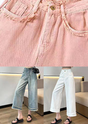 Beautiful Pink Tasseled High Waist Denim Wide Leg Pants Spring