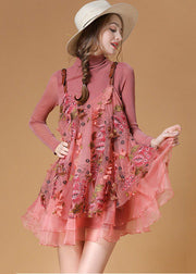 Beautiful Pink Turtle Neck Embroidered Organza Two Pieces Set Spring