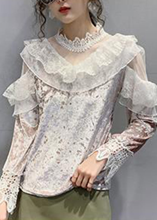 Beautiful Pink Turtleneck Velour Lace Patchwork Tulle Tops Bottoming Shirt