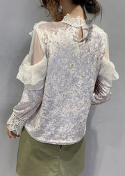 Beautiful Pink Turtleneck Velour Lace Patchwork Tulle Tops Bottoming Shirt