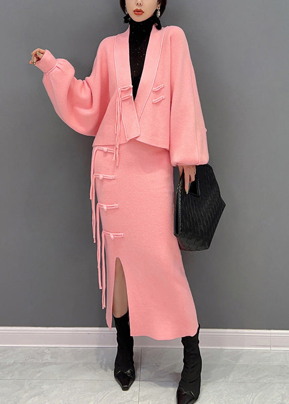 Beautiful Pink V Neck Button Woolen Top And Maxi Skirts Two Pieces Set Winter