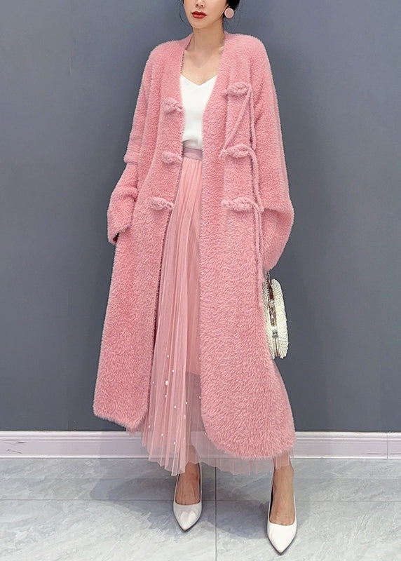 Beautiful Pink V Neck Button Woolen Trench Coat Long Sleeve
