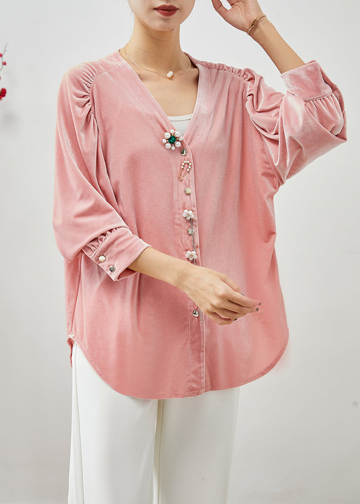 Beautiful Pink V Neck Nail Bead Silk Velour Shirt Fall
