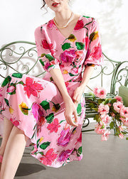 Beautiful Pink V Neck Print Tunic Chiffon Long Dresses Summer