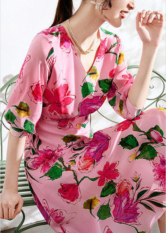 Beautiful Pink V Neck Print Tunic Chiffon Long Dresses Summer