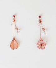 Beautiful Pink Water Drops And Cherry Blossoms Crystal Asymmetrical Design Drop Earrings