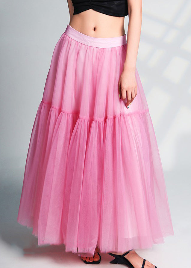 Beautiful Pink Wrinkled High Waist Tulle Skirts Summer