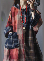 Beautiful Plaid Patchwork hooded Cotton Linen Holiday Dress Summer - SooLinen